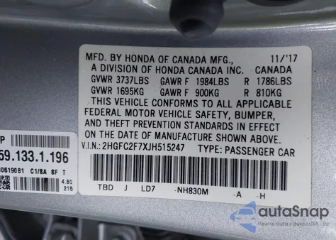 2018 Honda Civic Ex from USA, damaged, VIN 2HGFC2F7XJH515247